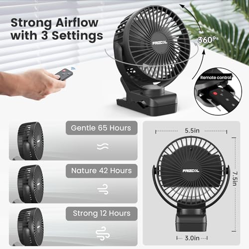 Portable Clip on Fan 65 Working Hours, Camping Fans with LED Lights & Hook, 12000 Capacity Battery Operated Fan with Clamp, USB Rechargeable for Desk, Tent, Treadmill, Stroller, Golf Cart, Home