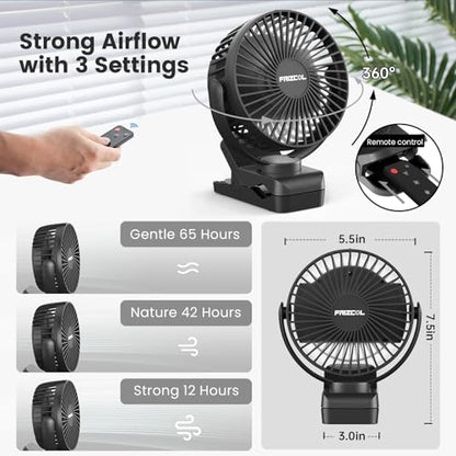 Portable Clip on Fan 65 Working Hours, Camping Fans with LED Lights & Hook, 12000 Capacity Battery Operated Fan with Clamp, USB Rechargeable for Desk, Tent, Treadmill, Stroller, Golf Cart, Home