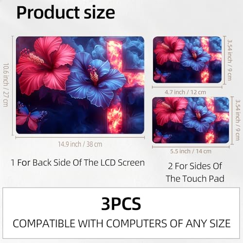 Blue Red Hibiscus Flower with Cross Universal Laptop Skin Sticker 3PCS, Protective Decal Trim-to-Fit 11.6" 13.3" 14" 15.6" Laptop Vinyl Cover, Removable Anti-Scratch Computer Decal Protector - color: Blue Red Hibiscus Flower with Cross