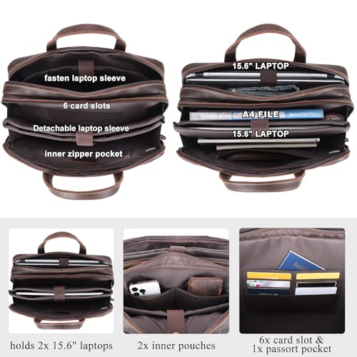 Masa Kawa Leather 15.6" & 17" Laptop Briefcase Men Business Messenger Bag | Full Grain Cowhide Business Travel Office Work Crossbody Shoulder Professional Attache Case for 2 Computers - color: Brown-fits 15.6" Laptop