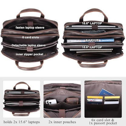 Masa Kawa Leather 15.6" & 17" Laptop Briefcase Men Business Messenger Bag | Full Grain Cowhide Business Travel Office Work Crossbody Shoulder Professional Attache Case for 2 Computers - color: Brown-fits 15.6" Laptop