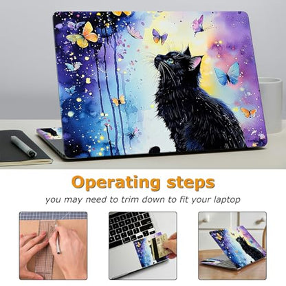 Universal Laptop Skin Sticker with 2 Wrist Pad Decals, 3-Piece Removable Vinyl Laptop Cover, Butterfly Black Cat Waterproof Anti-Scratch, Easy-Trim Fit for 13.3" 14" 15.6" Laptops - color: Butterfly Black Cat