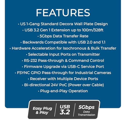 OREI USB Over Cat6 Extender 330ft, Two-Way PoC, RS-232, GPIO Support, Gen 1 | HDMI Over Ethernet with Host Extension, USB Over CAT6 – 5Gbps, Auto/Manual Host Switching, Plug & Play - size: w/ TX Wall Plate
