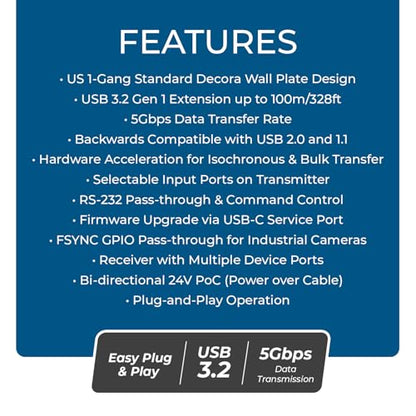 OREI USB Over Cat6 Extender 330ft, Two-Way PoC, RS-232, GPIO Support, Gen 1 | HDMI Over Ethernet with Host Extension, USB Over CAT6 – 5Gbps, Auto/Manual Host Switching, Plug & Play - size: w/ TX Wall Plate