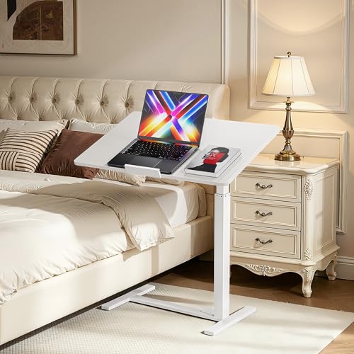 Mobile Standing Desk Adjustable Overbed Table, Pneumatic Height Adjustable Rolling Laptop Desk with Hidden Wheels, 0-180°Tilt Top Rolling Computer Cart Foldable for Home Office, Craft & Study, White