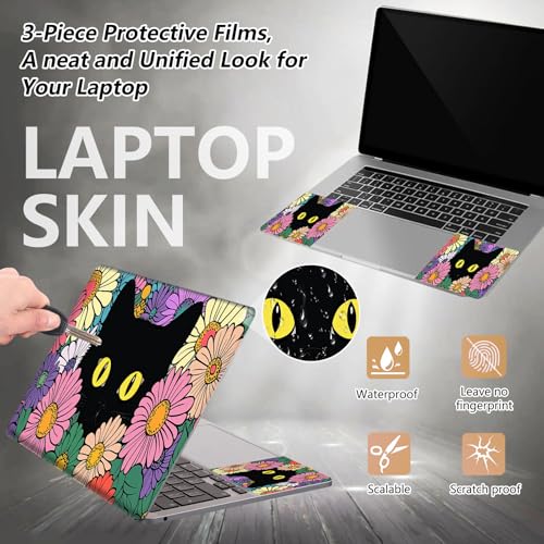 Laptop Skin Sticker for 12.1”-15.6“ Laptops (Fits 13”, 13.3”, 14”, 15”, 15.4”) | Protective Universal Reusable Vinyl Art Decal Cover | Waterproof & Scratch-Resistant-Black Cat in the Flowers - color: Black Cat in the Flowers