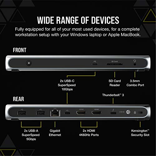 Corsair TBT100 Thunderbolt™ 3 Dock – 85W Charging, Dual 4k 60Hz Support, 2X HDMI, 40Gb/s,USB-C Gen 2 (15W) x2, USB-A 3.1 (7.5W) x2, Gigabit Ethernet – for Mac and PC laptops