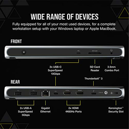 Corsair TBT100 Thunderbolt™ 3 Dock – 85W Charging, Dual 4k 60Hz Support, 2X HDMI, 40Gb/s,USB-C Gen 2 (15W) x2, USB-A 3.1 (7.5W) x2, Gigabit Ethernet – for Mac and PC laptops