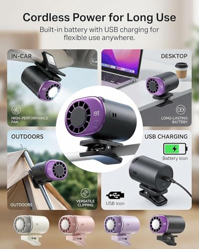 2026 Car Clip on Fan with LED Display, USB Rechargeable Battery Powered Gadget, Portable 360° Rotation Adjustable 199 Speeds Truck Tent (Purple) - color: Purple