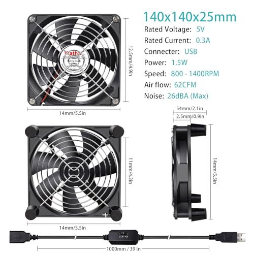 Wathai 140mm USB PC Case Computer Cooliing Fan 5V with Speed Controller | 140mm x 25mm USB Fan for Computer Case Receiver DVR PlayStation Xbox PS4 Router Cabinet Cooling - style: 140mm USB Fan