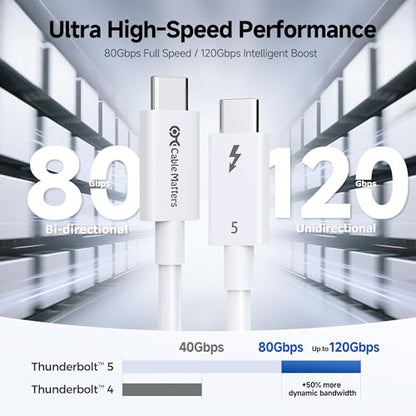 Cable Matters [Intel Certified] 80Gbps Thunderbolt 5 Cable, 3.3ft / 1m | White, [up to 120Gbps Boost, 8K@120Hz / 6K@240Hz / 4K@540Hz with DSC, 240W, 80G Data Transfer], Supports TB 4/3, USB4, USB-C - color: White, size: 3.3 ft