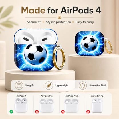 Compatible with AirPod 4 Case 2024, Cute Hard Plastic Protective Cover for Airpod 4th Generation Women, Shockproof Shell Skin with Gold Ring Keychain,Soccer Ball Lightning Energy - color: Soccer Ball Lightning Energy