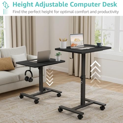 WINAZ Small Portable Laptop Rolling Desk - 24 Inch Mobile Computer Desk Adjustable Height with Wheels for Small Spaces Home Office, Kids Couch Desks Side End Table, Black - color: Black