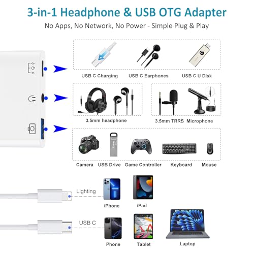 USB-C & Lightning to 3.5mm Headphone Adapter USB OTG Camera Adapter | USB-C/Lightning to USB Adapter with 3.5mm Audio Jack, OTG Data Transfer & PD 60W Fast Charging Port for iPhone/iPad/Android