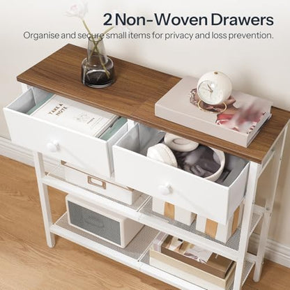 HOOBRO 29.5" Narrow Console Table with 2 Fabric Drawers, Sofa Table, Small Entryway Table with 3-Tier Storage Shelves, Behind Couch Table, for Living Room, Hallway, Walnut and White WH72XG01 - color: Walnut + White