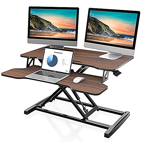 FITUEYES Height Adjustable Standing Desk 32” Wide Sit to Stand Converter | Standing Desk Converter,Stand Up Desk Riser,for Dual Monitor Riser,Tabletop Workstation for Home Office,Easy Assembly - color: Brown
