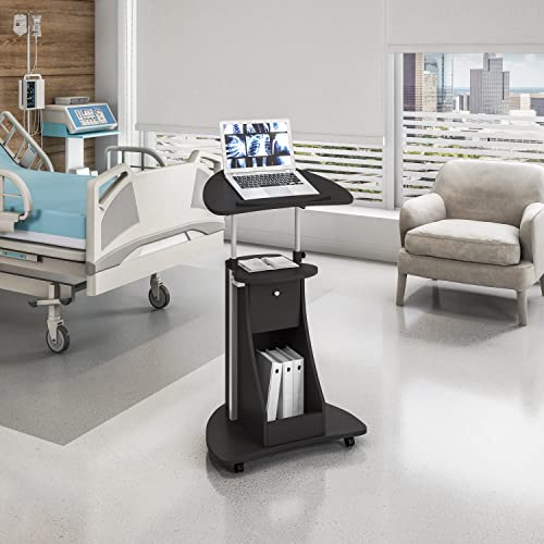Techni Mobili Adjustable Height Rolling Laptop Cart with Storage, Black | Adjustable height rolling laptop cart with storage, open shelf, wheels, sit‑to‑stand ideal for podium office medical use - color: Black