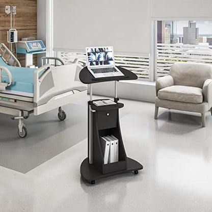 Techni Mobili Adjustable Height Rolling Laptop Cart with Storage, Black | Adjustable height rolling laptop cart with storage, open shelf, wheels, sit‑to‑stand ideal for podium office medical use - color: Black