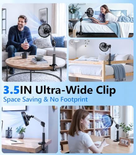 Adjustable Arm Clip On Fan for Desk, Gooseneck Clamp Fan, 3000mAh Battery | 3-Speed Quiet Desk Fan with Strong Clamp, Flexible 360° Arm Adjustment for Office, Bedroom, Dorm, Gaming Desk & Home（Black - color: Black