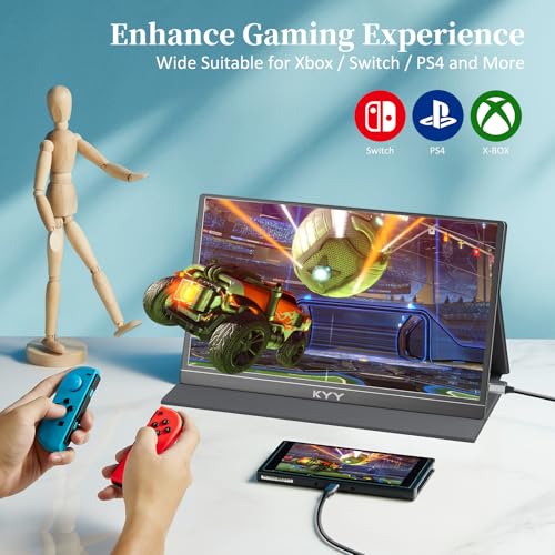 KYY Portable Monitor 15.6'' 1080P FHD USB-C Laptop Monitors w/Smart Cover & Dual Speaker, HDMI Computer Display IPS HDR External Gaming Monitor for PC Phone Mac Xbox PS4 Switch[Upgraded]