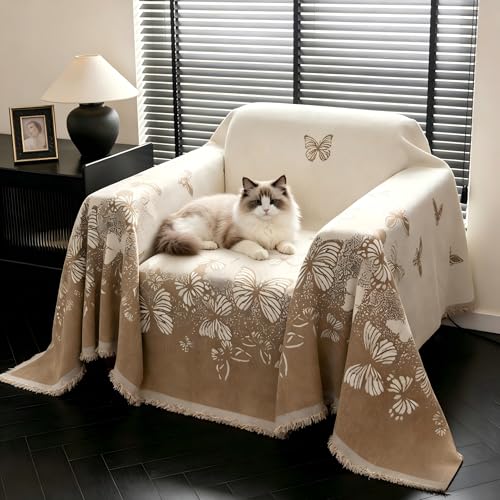 51x71 Chenille Couch Cover Reversible Sofa Slipcover with Tassels | Pet Friendly Furniture Protector for Dog Cat, Butterfly Pattern Washable Throw Blanket for Armchair Loveseat Sectional Sofa - color: Coffee Butterfly, size: 71"x 51"