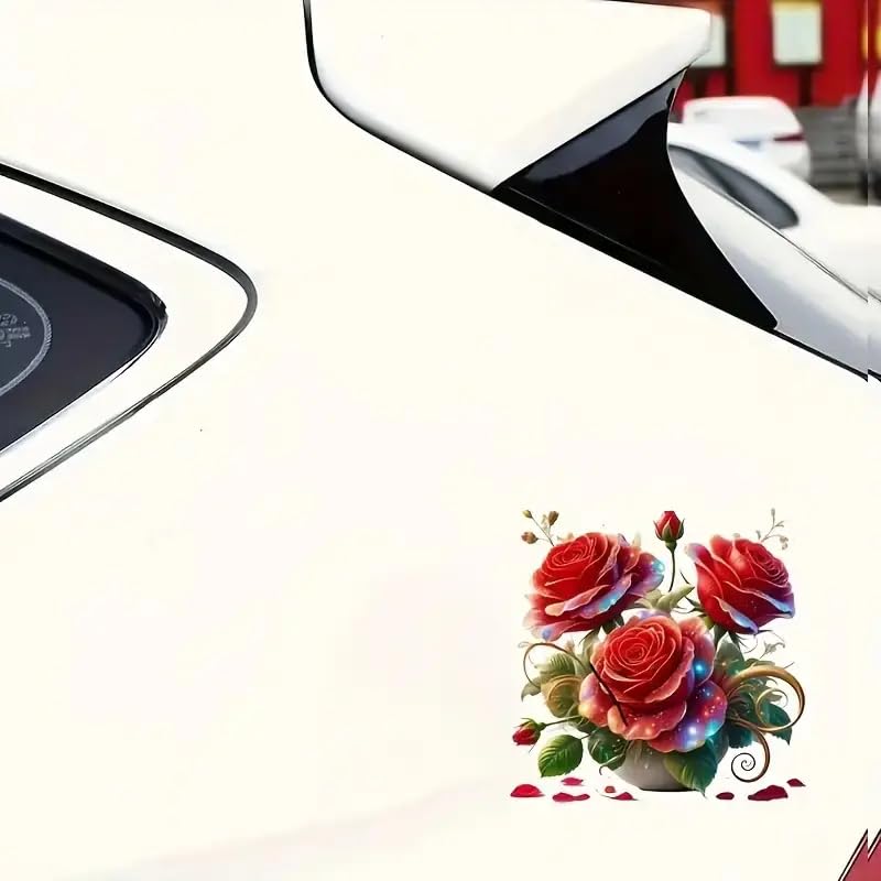 Cup Red Rose PVC Vinyl Car Decals Stickers Waterproof Self-Adhesive Decals for Cars, Laptops, Trucks, Motorcycles Wall Window Luggage Scratch Cover Door Decor Sticker