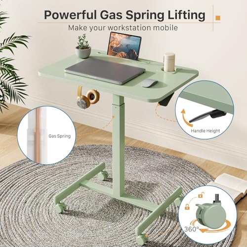 28” Rolling Standing Desk Height Adjustable with 4 Lockable Wheels | Small Mobile Laptop Stand Up Cart with Cup Holder, Portable Teacher Computer Workstation with Hook and Slots, Green - color: Green