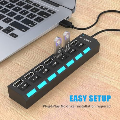 1 PCS 7 Port USB 2.0 Hub Multi Charger Adapter, High Speed USB Extender with Individual On Off Switches, Compact USB Splitter for Laptop and PC