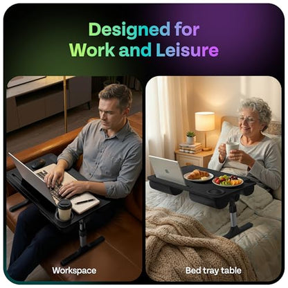 Lap Desk with Legs & Cushions: 2-in-1 Foldable Bed Desk for Adults - One-Touch Height Adjustment, Bed Table Tray Hold: up to 15.6“ Laptop, Mouse Cup Phone - Laptop Stand Desks for Bed (Black) - color: Black