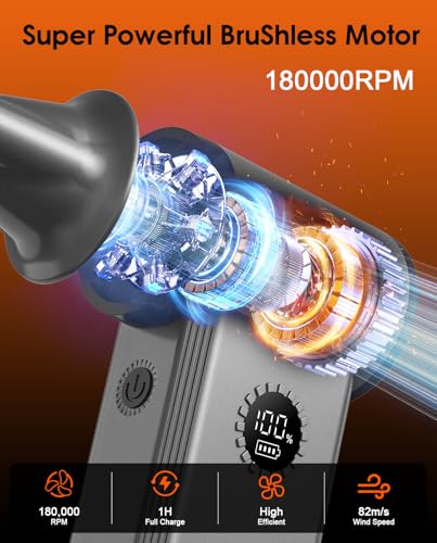 Compressed Air Duster, 180000 RPM Turbo Dust Blower, 45W Charge | SuperPower Mini Cordless Electric Air Duster, 8000mAh, 4 Adjustable Speeds, Keyboard/PC/Car Cleaner, Replace air can - color: Silver Gray
