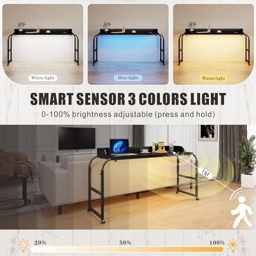 HWB Over Bed Desk with LED Light, Wheels & Charging Station, Black | Auto-sensor 3 Color LED light, Adjustable height, Smooth rolling wheels - color: Black