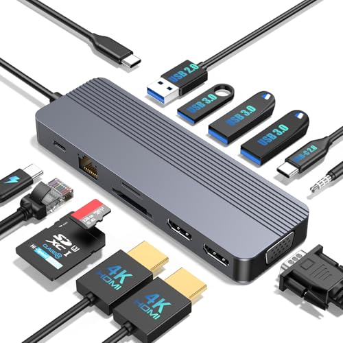Docking Station 3 Monitors for HP/Dell/Lenovo/MacBook Laptop,13 in 1 USB C Hub, Computer Docking Station for Laptop with Dual HDMI,VGA,USB 3.0,Fast Charging Port,SD/TF Card Reader,3.5mm Audio - style: 13 in 1 4K@30Hz