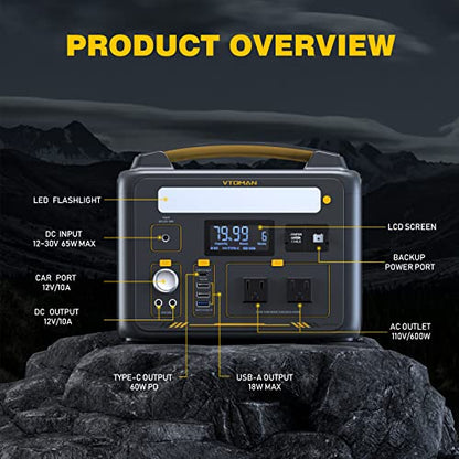 VTOMAN Jump 600X Portable Power Station with 110W Solar Panel, 600W/299Wh LiFePO4 Battery Solar Generator, 1200W AC Outlet, PD 60W USB-C, 3x Regulated 12V/10A DC for RV, Outdoor Camping, Home Backup - style: Jump 600X+110W