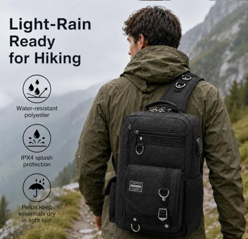 Water-Resistant Sling Bag for Hiking: 98% dry 10min light rain | 98% device dryness after 10min light rain, Ideal for urban commuters caught in sudden showers, use water-resistant fabric