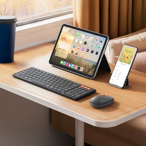 MEETION Foldable Wireless Keyboard and Mouse Combo, Rechargeable, Black | Full-size folding design, 2.4G plus dual Bluetooth, compact for business travel, compatible with Windows, Mac, iPad, Android