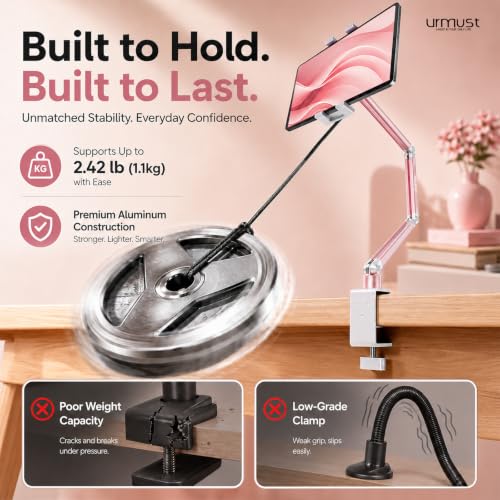 Portable Monitor Stand up to 18.5", iPad Stand for Desk, Pink | Aluminum Arm, Portable Monitor Holder 15.6", Adjustable Desktop Tablet Mount, Second Screens - size: 3 Arm Pro-Up to 18.5" Pink