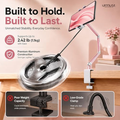 Portable Monitor Stand up to 18.5", iPad Stand for Desk, Pink | Aluminum Arm, Portable Monitor Holder 15.6", Adjustable Desktop Tablet Mount, Second Screens - size: 3 Arm Pro-Up to 18.5" Pink
