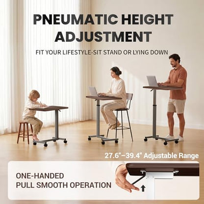 WOTURE Pneumatic Adjustable Overbed Bedside Table with Wheels - Hospital & Home Use, Medical Bed Table, Mobile Standing Desk, Rolling Laptop Cart, Non Tilt Surface(23.6" L x 15.7" W, Walnut) - color: Walnut