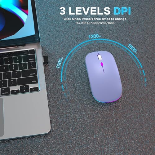 AIKOKOK Wireless Bluetooth Mouse, Rechargeable, Dual Mode Bluetooth 5.2 & 2.4G USB, LED Lights, Slim, Silent, Portable Computer Mouse for Laptop, PC, MacBook, iPad, Tablet (Purple) - color: Purple