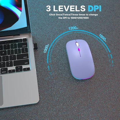 AIKOKOK Wireless Bluetooth Mouse, Rechargeable, Dual Mode Bluetooth 5.2 & 2.4G USB, LED Lights, Slim, Silent, Portable Computer Mouse for Laptop, PC, MacBook, iPad, Tablet (Purple) - color: Purple