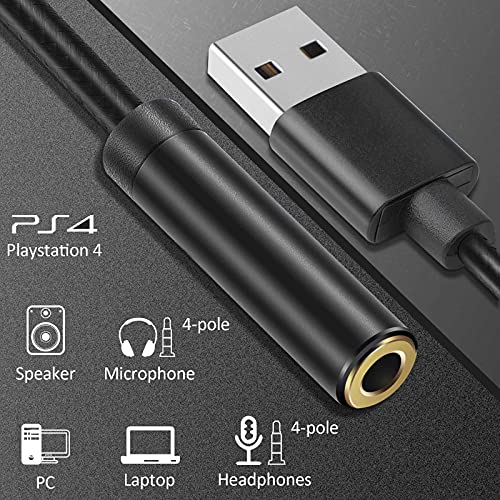 USB to 3.5mm Jack Audio Adapter, USB to Headphone Jack Adapter Cable with TRRS 4-Pole Mic-Supported, External Stereo Sound Card for Headphone, Mac, PS4, PC, Laptop, Desktops