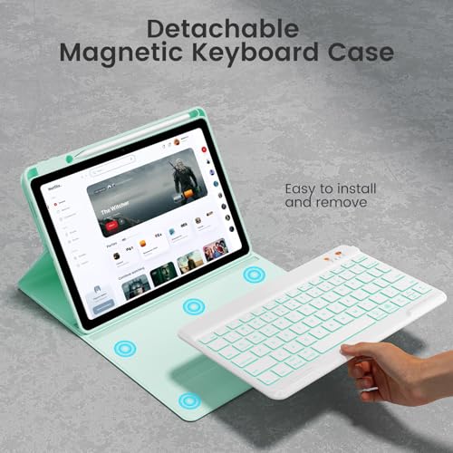 Keyboard Case for iPad Air 5th/4th Generation 10.9 Inch (2022/2020) Compatible with iPad Pro 11 Inch 1st–4th Generation, Detachable Wireless Keyboard with 7-Color Backlit and Pencil Holder - color: Mint green