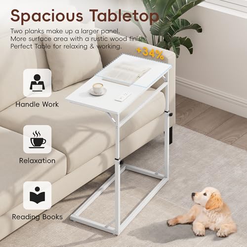 C Shaped End Table with Charging Station, C-Table End Table Adjustable Height Side Table for Couch, Large Couch Table, Slide Under Sofa Table TV Tray Arm Table for Living Room, Bedroom, White - color: White, style: With Plug