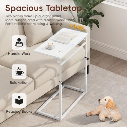 C Shaped End Table with Charging Station, C-Table End Table Adjustable Height Side Table for Couch, Large Couch Table, Slide Under Sofa Table TV Tray Arm Table for Living Room, Bedroom, White - color: White, style: With Plug
