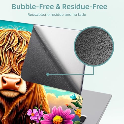 Universal Laptop Skin Decal, 3-Piece Vinyl Protector for 12 13 14 15.6" Notebook, Waterproof Anti-Scratch, Easy Trim & Bubble-Free Finish, Cute Highland Cow Flowers - color: Cute Highland Cow Flowers