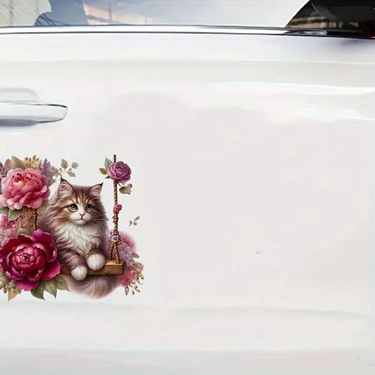 Rose Swing Cat PVC Vinyl Car Decals Stickers Waterproof Self-Adhesive Decals for Cars, Laptops, Trucks, Motorcycles Wall Window Luggage Scratch Cover Door Decor Sticker