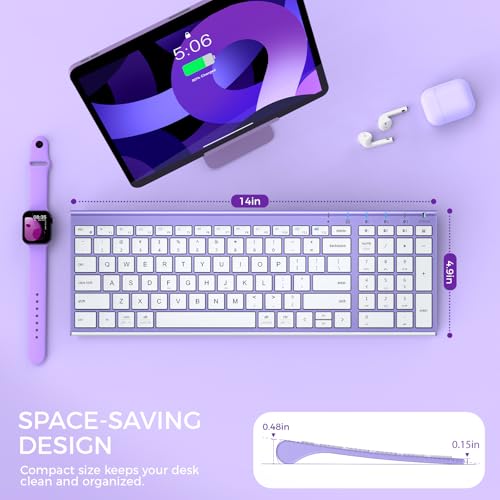 iClever BK10 Bluetooth Keyboard Quiet Typing Multi-Device USB-C Rechargeable – Slim Wireless Keyboard for Mac Windows iPad Office - color: Purple and White