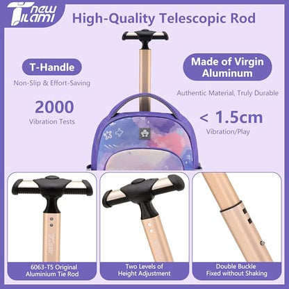 NEW TILAMI 16 Inch Rolling Backpack with Lunch Bag for Girls Boys School | 6-Wheel Stair-Climbing Girls Boys Carry-on Suitcase Water-Resistant Adjustable Trolley Handle Wheels School Travel Camping - color: Purple Watercolor