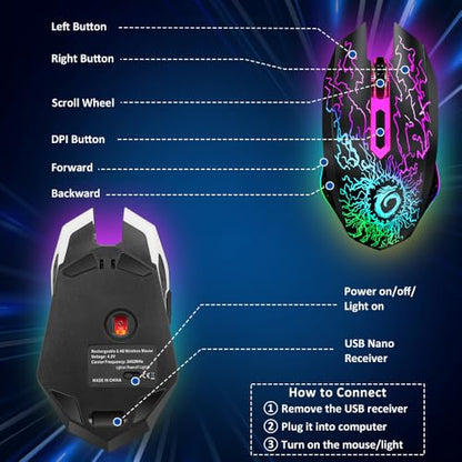 VersionTECH. Wireless Gaming Mouse, Rechargeable Computer Mouse Mice with Colorful LED Lights, Silent Click, 2.4G USB Nano Receiver, 3 Level DPI for PC Gamer Laptop Desktop Chromebook Mac-Black - color: Black