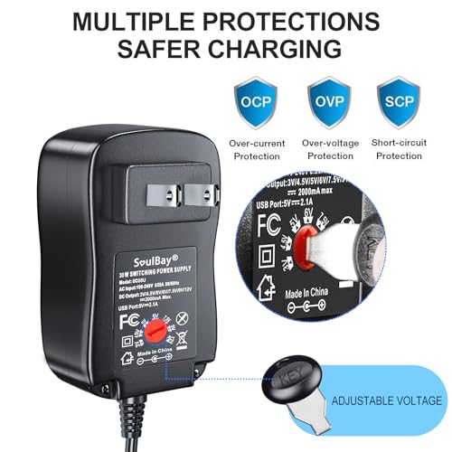 SoulBay 12V Power Supply Universal AC DC Adapter Charger with Adjustable Output 5V 9V 3V 6V 4.5V 7.5V 12 Volt 1A 1.5A 2A for LED Strip Light CCTV Camera BT Speaker GPS Webcam Router, 5 FT Cord, 30W